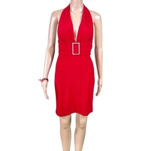 Hot red dress with low cut neckline and buckle. Ready for Memorial Day & July 4